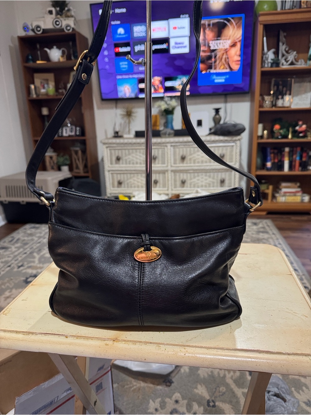 Etienne Aigner Suple Black Leather Shoulder Bag with Gold Accent